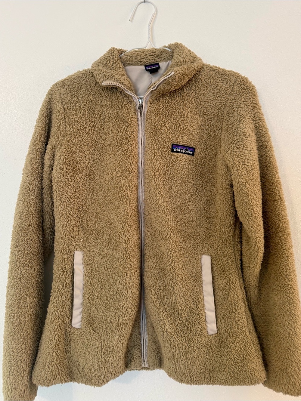 Patagonia Tan Sherpa Fleece Jacket with Multicolor Logo